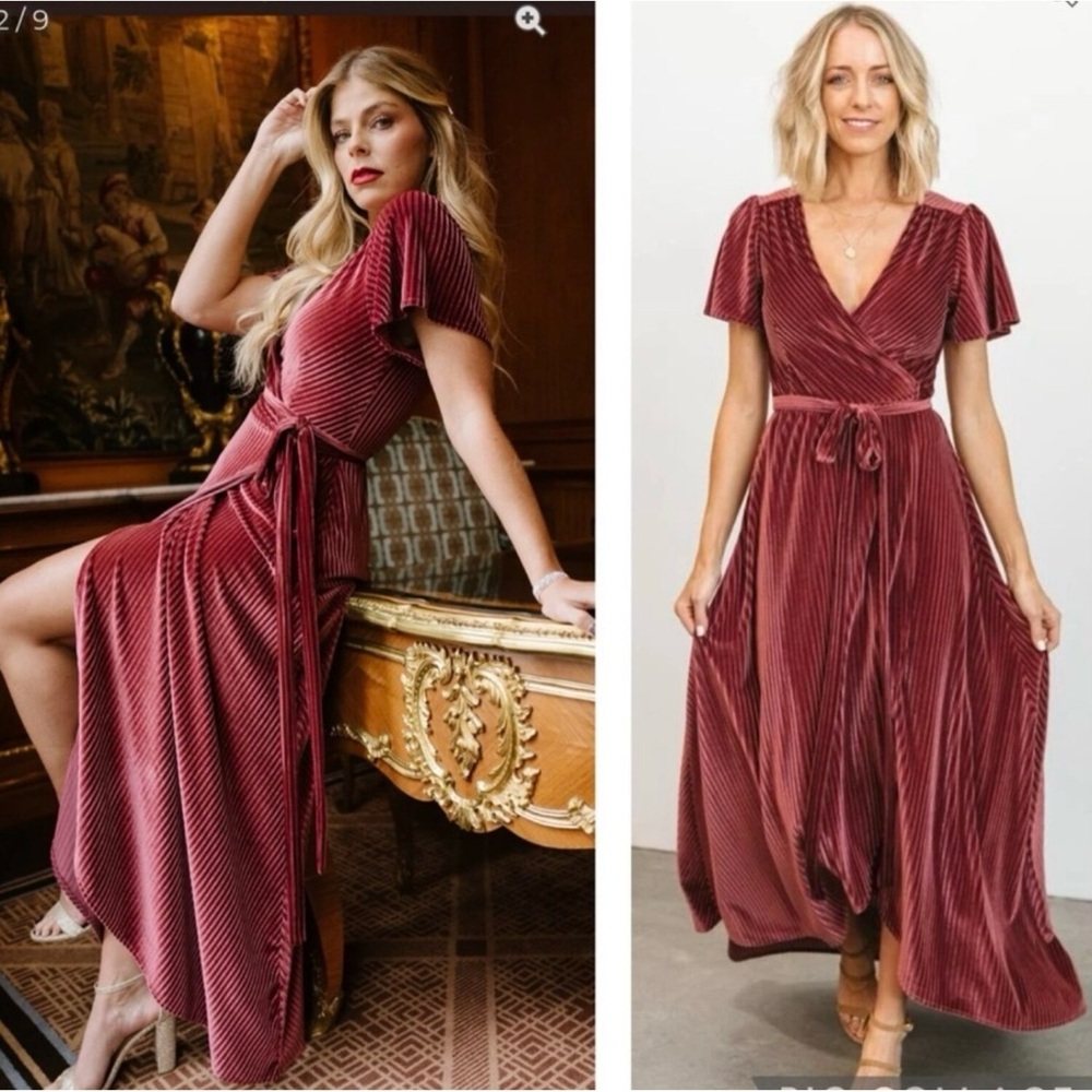 Baltic Born Andi Dark Rose Ribbed Velvet Wrap Maxi Dress